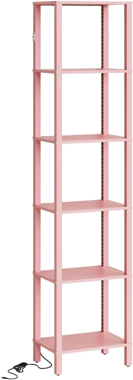 Open Book Shelf with LED Lights, 6 Tier Tall Bookshelf, Freestanding Shelf Narrow Bookcase with Open Shelves, 14.57" x 10.63" x 65.83", Book Shelves for Living Room, Office, Study, Pink
