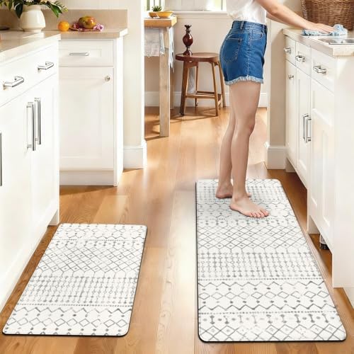 Boho Cushioned Anti Fatigue Mats for Kitchen Floor,Modern Farmhouse Moroccan Non-Slip Water Resistant Runner Comfort Foam Standing Rugs Non Skid for Home Sink,Office,Laundry 17"x47"+17"x30"