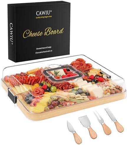 CAWIU Large Charcuterie Board with Lid, Portable Cheese Board & Snack Tray