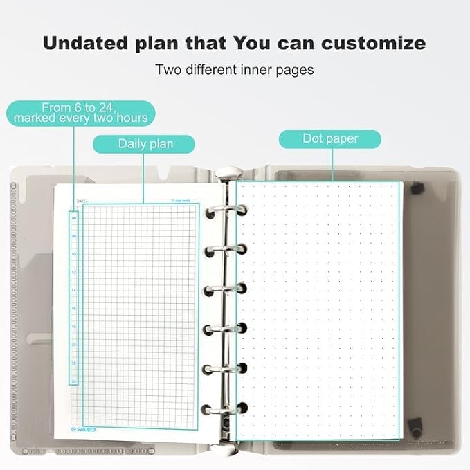 CAGIE A7 Binder 6 Ring Refillable Notebook with Dividers & Pockets | Hourly Planning Square Ruled and Dotted Pages, Refill Paper Included, 4.13 x 5.71 In (Blue, A7 Hourly & Dot Page)