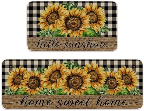 JarThenaAMCS Summer Kitchen Mats Set of 2, Sunflower Plaids Kitchen Floor Mat Non-Slip Decorative Bathroom Rugs for Indoor Outdoor Home Office Decor, 17 x 29 Inch & 17 x 47 Inch