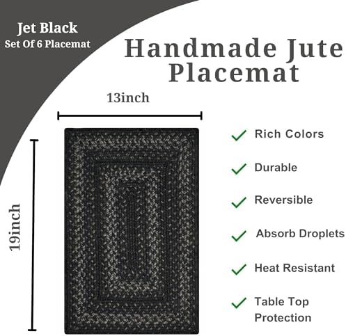 Homespice Jet Black Jute Braided Placemats, Rect 13x19 Set of 6