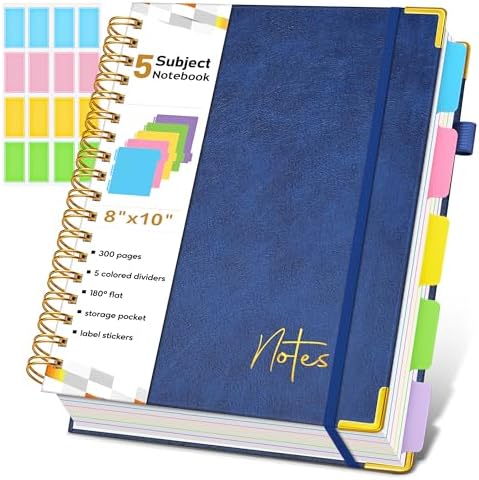 Spiral Notebook Journal with Removable Dividers Tabs, 300 Pages Hardcover Leather 5 Subject College Ruled Notebook, 8"x10" Large B5 Lined Journal for Women Men, Spiral Notebooks for Work School, Navy