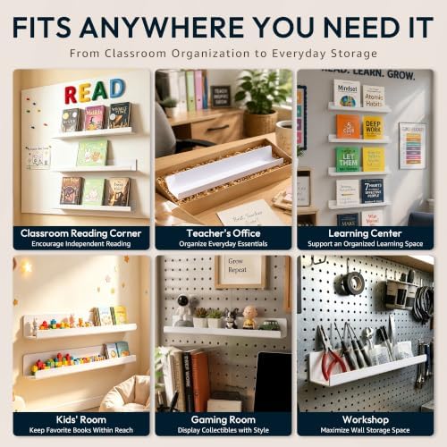 2 Pack 17" Magnetic Acrylic Bookshelf with Pen Holder, Reusable Magnetic Display Shelf for Whiteboard, Storage Organizer for Classroom, Kids Room, Office, Kitchen & Garage