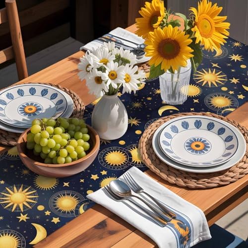 Fantasy Galaxy Table Runner Dresser Scarf 13 x 72 Inch Golden Planet Universe Sun Moon Stars Retro Table Runners Non-Slip Heat Resistant Kitchen Dining Table Decor for Home Holidays Indoor Outdoor