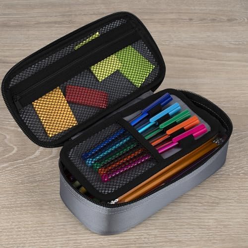 Five Star Pencil Pouch Zipper High-Capacity Storage Organizer Case for Office Supplies Earbuds Chargers Cables Makeup, Grey/Teal (500212B)