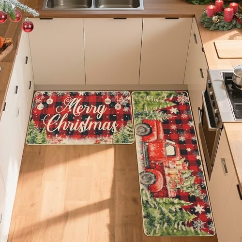 MEHOFOND Merry Christmas Kitchen Rugs Set of 2,Farmhouse Truck Red and Black Buffalo Plaid Kitchen Rugs,Winter Xmas Holiday Floor Mat,Snowflake Christmas Kitchen Decor 17 x 29 and 17 x 47 in