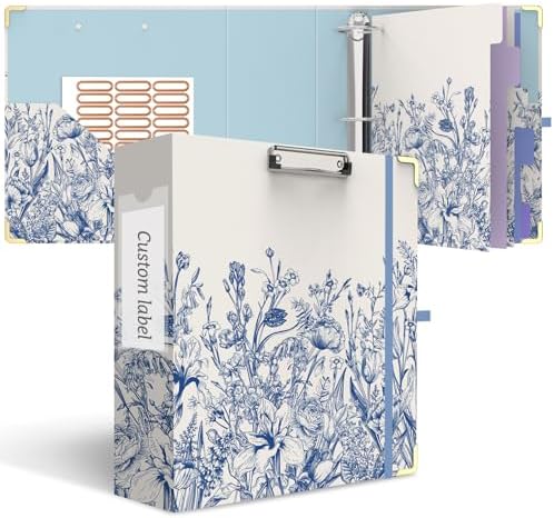 3 Ring Binder 3 Inch, Cute Round Ring Binder with 6 Tab Dividers & Label Stickers, Low Profile Clipboard with Storage, Fashion Binder for School Office Supplies (Vintage Blue Florals)