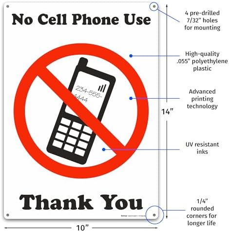 Brimar No Cell Phone Use Thank You Sign, 10" X 14", Bold Text and Symbol