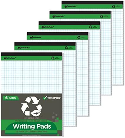 KAISA Graph Paper Legal Pads Writing Pads 6 pad 300 Sheets Recycled Paper 8.5"x11.75" Quad Ruled 4x4 Perforated 50sheets/pad Grid Paper Notepads Writing Tablet White For Office Supplies (White 6pad, 8.5x11.75'')