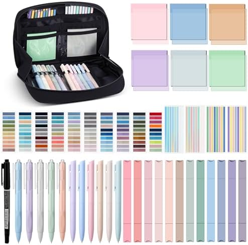 135 Pcs Book Annotation Kit Aesthetic Pencil Case Bag 12 Highlighter 11 Gel Pen 1 Marker 300 Sheet Transparent Sticky Notes Pad 2640 Index Stickers Bible Study Supplies(Kawaii,Black)