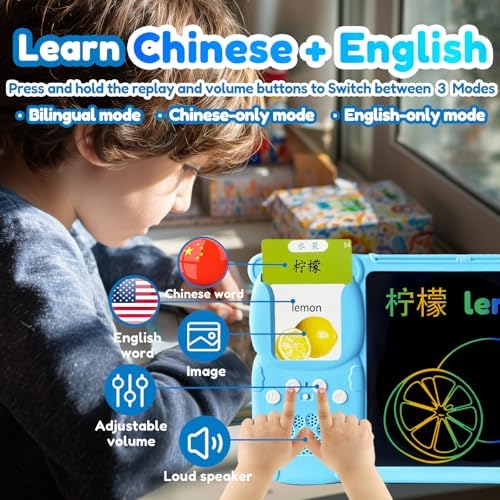 Writing Tablet with Bilingual Flash Cards for Kids, Chinese Blue