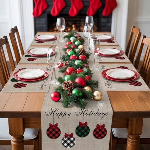 Christmas Theme Placemats Set of 4, Farmhouse Rustic Ornaments Plaid Balls Cotton Line Stain Resistant Table Mats Washable Holidays Placemat Decoration For Kitchen Dining Table Happy Holidays