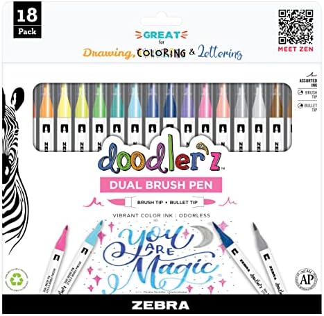 Zebra Pen doodler'z Brush Pen, Assorted, Dual Tip, Brush & Fine Tip, 18-Pk