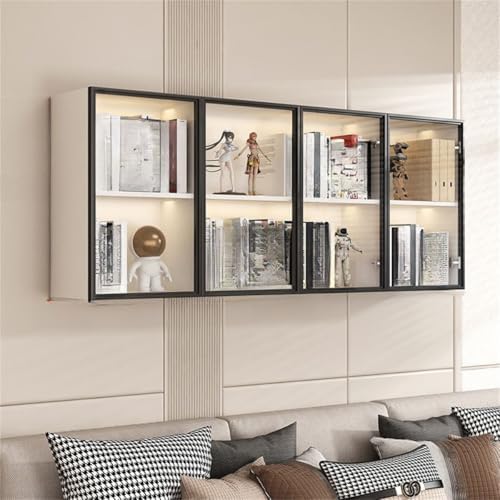 Wall Hanging Lateral Filing/Vertical Timber Wall Unit Transparent Glass Door Shelf Wall-Mounted Wood Bookcase Action Figure Model Storage Cabinet Display Case Warm White 63" L x 10" W x 26" H