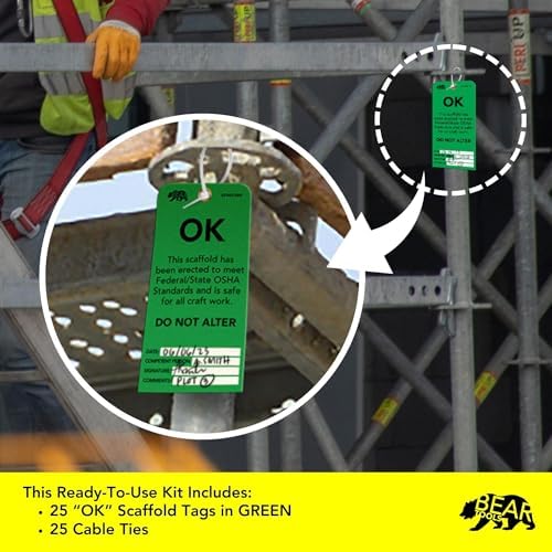 BearTOOLS Scaffold Tags - Safety Inspection Kit with Cable Ties - OK Scaffold Status Warning Sign - Laminated 3 x 6 in, Pack of 25 - Weatherproof, Tear-Resistant - Green Tags