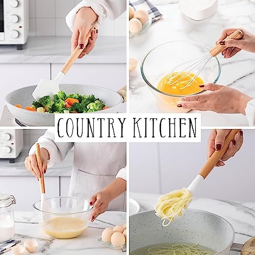 Country Kitchen Non Stick Silicone Utensil Set with Rounded Wood Handles for Cooking and Baking, 14 Piece Set, White