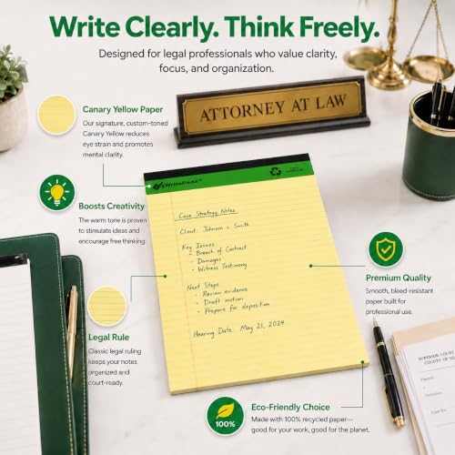 KAISA Legal Note pads 8.5 x 11，12pads 600 Sheets note pads office supplies Recycled Paper 8.5 x 11 Wide Ruled 50 sheets Premium Thick Paper Hard Back Notepads 8-1/2"x 11-3/4" Writing Tablet Canary For Office Supplies (Pack of 12)