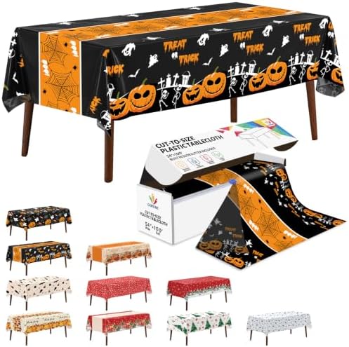 54 Inch X 100 Feet Plastic Table Cover Roll Disposable Halloween Tablecloth with Slide Cutter Pumpkin Ghost Plistic Table Covers for Halloween Party Decorations(Halloween Table Runner, 100Feet)
