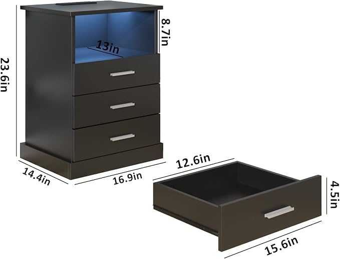 Halitaa Black LED Nightstand with Charging Station, Side Table with 3 Drawers and Light, End Table with Open Storage, Beside Cabinet for Bedroom (Black 2 Set)