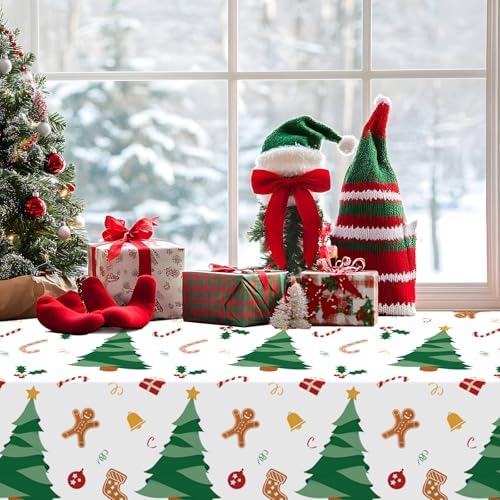 CXPSINC 54 Inch X 100 Feet Plastic Table Cover Roll Disposable Tablecloth with Slide Cutter for All Type/Shape Tables | Party, Banquet, Birthdays, Weddings(Christmas Tree, 100 Feet)