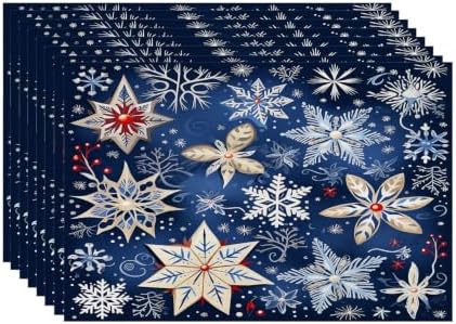 Batmerry Christmas New Year Linen Placemats Set of 8, Snow red Fruit Blue Background Washable Table Mats for Kitchen Table Thickened Heat Insulation Dining Set Indoor Outdoor 12X18 in