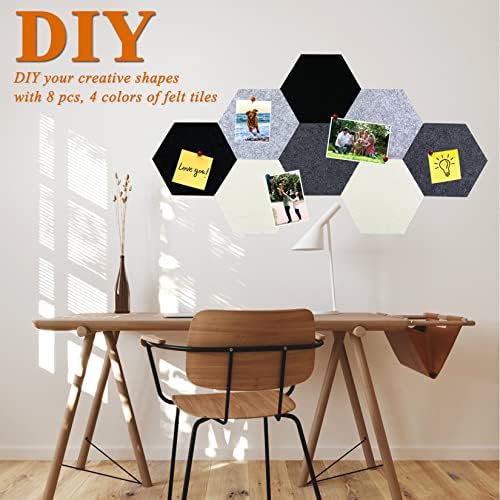 8Pcs Hexagon Felt Cork Board Tiles, Self Adhesive DIY Bulletin Board Pin Board for Office School Home Wall Decor Stickers Memos Photos Display (Gradual Grey)