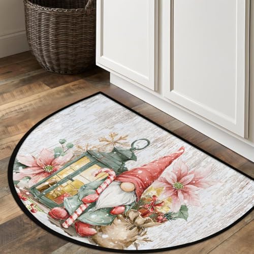 Christmas Vintage Gnome Half Round Door Mat, Non-Slip Welcome Indoor Entrance Way Rug Semi Circle Front Doormats Washable Bathroom Kitchen Floor Mat, Outdoor Rugs for Garage, Patio, Hearth Rug
