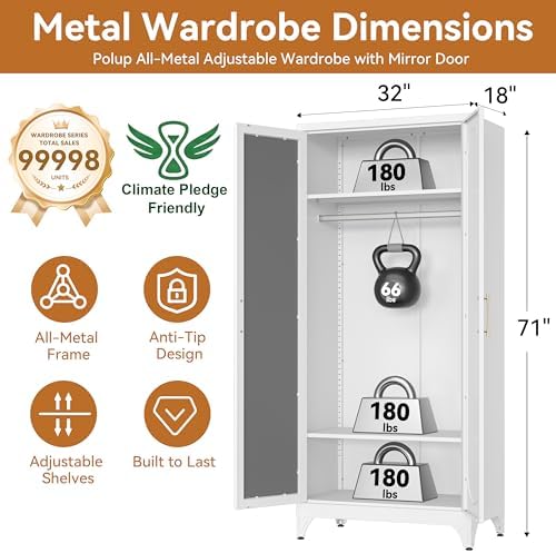 Polup Metal Armoire Wardrobe Closet with Mirror, Clothing Storage Cabinet
