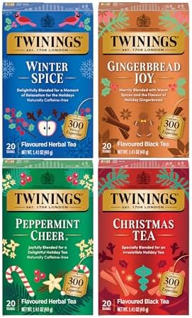 Twinings Holiday Variety Pack Tea Bags, Christmas Tea, Winter Spice, Gingerbread Joy, Peppermint Cheer, 20 Count (Pack of 4), Enjoy Hot or Iced, 80 Teabags
