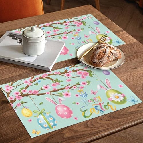 Happy Easter Placemat, Spring Floral Bunny Rabbit Ear Eggs Heat Resistant Dining Table Mats Holiday Farmhouse Decor for Kitchen&Linens Outdoor Indoor, Pink Flower Branch Teal Green Leaves