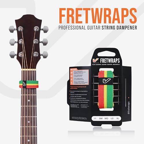 Gruv Gear Fret Wrap & Guitar Mute, Fretwrap for Acoustic, Electric & Bass | String Dampener Recording, Tapping & Practice Accessory (1 Pack, Small Red/Yellow/Green, Fits 4 String Bass, 6 String