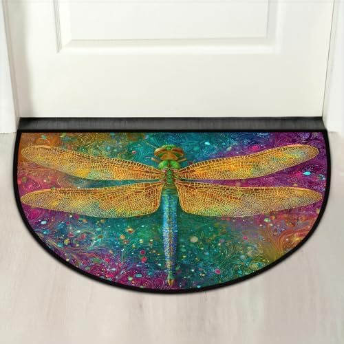 Dragonfly Animal Half Round Door Mat Non Slip Washable Semi Circle Area Rug Absorbent Soft Half Moon Rug Floor Mat for Indoor Outdoor Kitchen Bathroom Patio Front Door Mat Decor