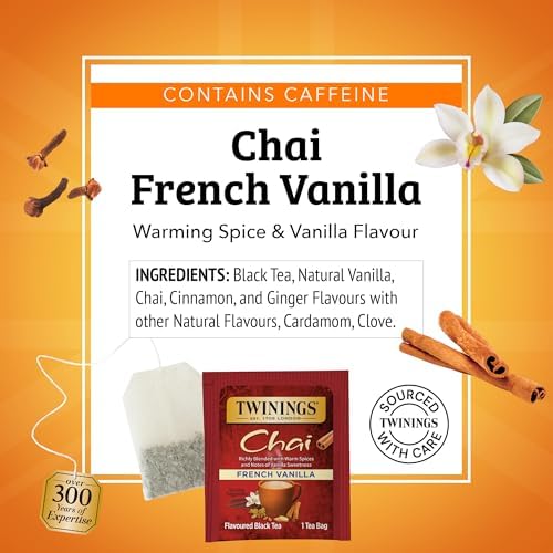Twinings French Vanilla Chai Black Tea Individually Wrapped Bags, 20 Count (Pack of 2), Warm, Sweet & Spicy, Caffeinated, Enjoy Hot or Iced, 20 Teabags