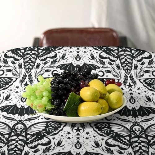 Boho Moth Tablecloth, Gothic Mysterious Halloween Black White Death Butterfly Bat Witch Print Table Cloth for Kitchen Dining Picnic Party Restaurant Decoration 60x120in