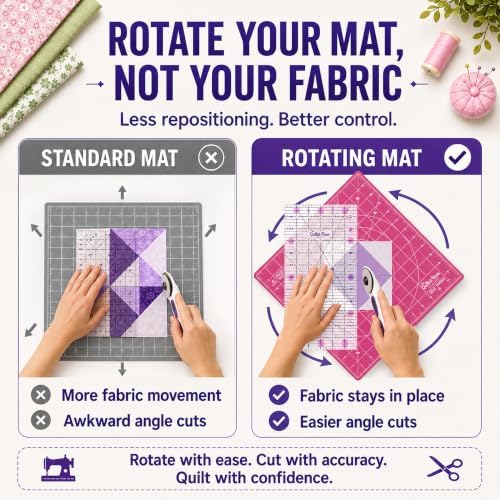 The Quilted Bear Rotating Cutting Mat 18" x 18" - Square 360° Rotating Self Healing Mat with Innovative Locking Mechanism for Quilting & Sewing Your Choice of Colours Available! (Pink)
