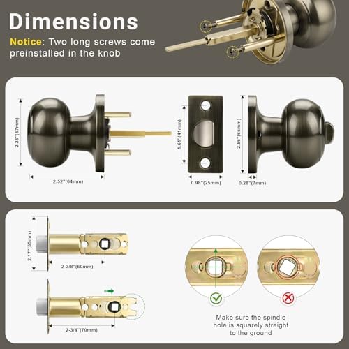 KNOBWELL 6 Pack Privacy Door Knob for Bathroom or Bedroom Door Knobs, Round Interior Door Knobs, Indoor Door Knob, Keyless Door Knob with Lock, Door Handle Lock, Antique Brass