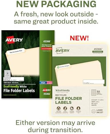 Avery EcoFriendly Recycled File Folder Labels, 2/3" x 3-7/16", White, Permanent Label Adhesive, 1,500 Printable Labels (45366) (Pack of 5)