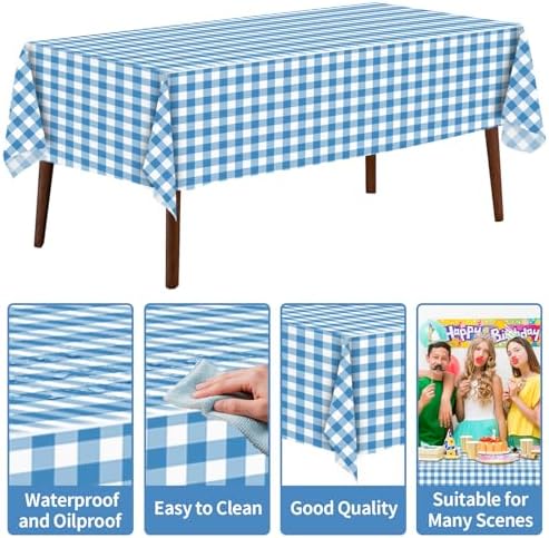 CXPSINC 54 Inch X 300 Feet Plastic Table Cover Roll Disposable Tablecloth with Slide Cutter for All Type/Shape Tables | Party, Banquet, Birthdays, Weddings(Blue Checkered, 300 Feet)