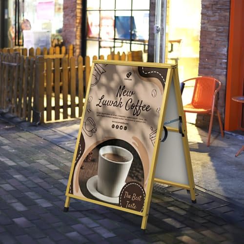 Pionites Heavy Duty Slide-in Folding A Frame Sign Sidewalk Sign 24x 36 Inch Steel Metal Double-Side Pavement sign Corrugated Plastic Poster (1, Gold, 24''X36''(Frame Only))