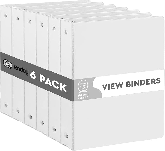 Enday 1.5 Inch Binder (6 Pack - White) 3 Ring Binder 1.5 inch with Clear View Cover and 2 Inside Pocket - for Letter Size 8.5 x 11'' Paper, Ideal for School Supplies, Office, and Home