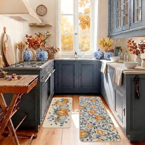 Baccessor Fall Kitchen Rugs Set of 2, Pumpkin Blue Leaf Kitchen Mats for Floor Washable Low-Profile Autumn Holiday Home Indoor Outdoor Decor 17x29 and 17x47 Inch