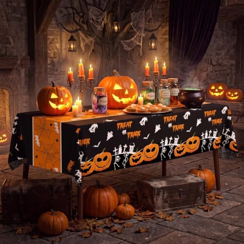 54 Inch X 300 Feet Plastic Table Cover Roll Disposable Halloween Tablecloth with Slide Cutter Pumpkin Ghost Plistic Table Covers for Halloween Party Decorations(Halloween Table Runner, 300Feet)