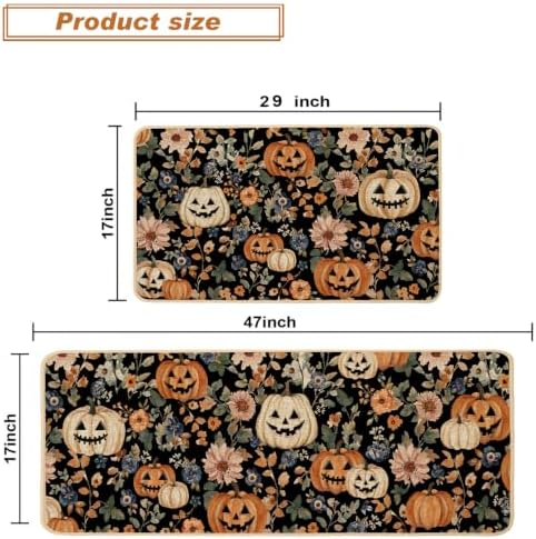 Baccessor Halloween Kitchen Rugs Set of 2, Spooky Pumpkin Floral Black Kitchen Mats Low-Profile Non Slip Washable Rugs for Floor Home Decor 17x29 and 17x47 Inch
