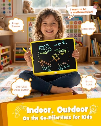 LCD Writing Tablet 16 Inch, Toys for 3 4 5 6 7 8 9Year Old Boys Girls, Colorful Doodle Board Drawing Tablet, Gift for Boys Age 3-12 Years, Memo Board, Drawing Pads with Lanyard (Yellow-16 Inch)