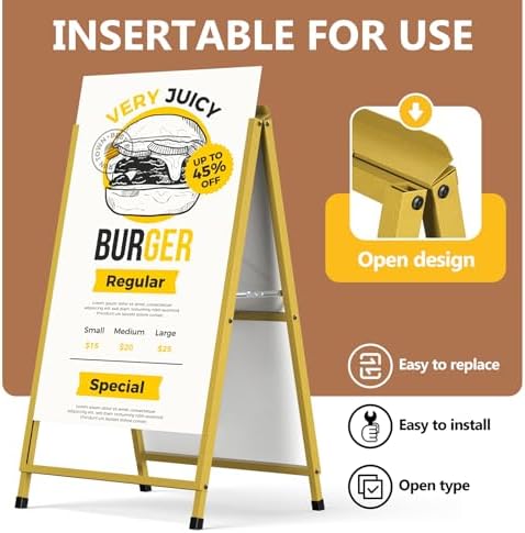 Golden A Frame Sign, Heavy Duty Slide-in A Frame Sign Holder, Double-Side 24x 36 Inch Sandwich Board for Office, Wedding, Business, Party Poster, Frame only