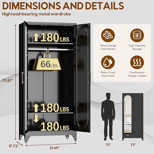 UNICOLY 71" Metal Armoire Wardrobe Cabinet with Mirror Doors