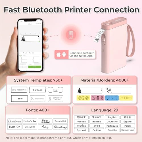 Nelko P21 Label Maker Machine with Tape, Bluetooth Label Printer, Pink