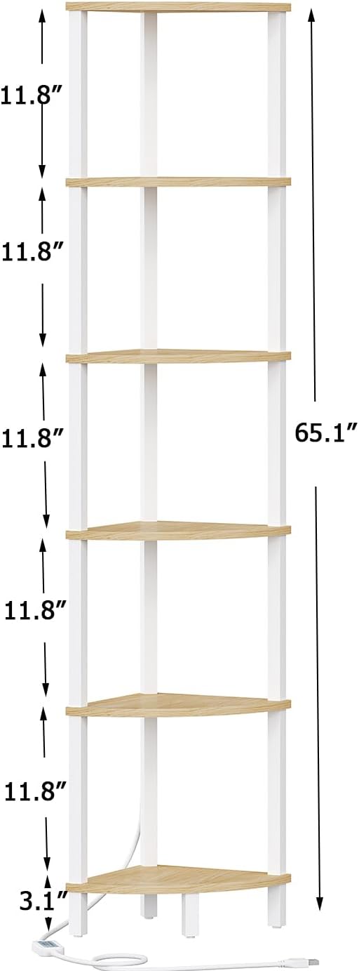 VIMBER 6-Tier Corner Shelf with LED Light, Industrial Corner Ladder Shelf, Rustic Display Shelf for Living Room, Bedroom, Kitchen, Home Office, Sturdy Frame, White and Nature Wood Color UJSJ002Q
