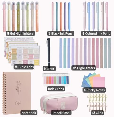 KOPKOFT Bible Study Supplies, Bible Journaling Kit for Women with Journal, Pen Case, Tabs, Highlighters and Pens, Bible Accessories Set for Women Students Beginner, Christian Gifts (Pink)